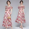 Chic Design Elegant Rose Flower Printted Women Summer Sexy Dew Shouder Slash Neck Ruffles A-Line Long Dresses 210514