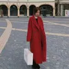 Vrouw lange jas zwart rood koreaans retro losse wollen riem wollen windjack oversize mode herfst vrouwen dikke 3XL 211118