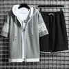 Mode Mäns uppsättningar Hooded Summer Casual Sportkläder Män Kortärmad Zipper Toppar + Shorts 2 Piece Hip Hop Streetwear Male Tracksuit 210806