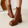 Boots Fashion Thick-Heeled Waterproof Platform Square Toe Women's Tapered Heel Cross-Lace Side Zipper Mid-Tube