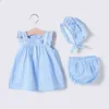 Vlinder Baby Girl dress baby clothes Summer Princess Style Cute Bow Tie Dress Newborn Short Sleeves Blue Dresses 3pcs set G1129