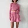 Knitted Suit With Skirt Women Solid Autumn Mini Pleated Skirt And Long Sleeve Slim Crop Pullover Lady 2 Pieces Sets Fashion 211108
