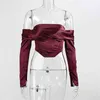 Women Off Shoulder Satin Corset Tops Long Sleeve Slash Neck Blouses Wine Red Elegant Shirts Sexy Backless Top Cropped Shirts Y220304