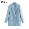 Blue Office Wear Suit Blazer Kobiety Podwójne Pierśnione Długim Rękawem Płaszcz Notched Collar Solidne Kieszenie Casual Outwear Kurtka 210515