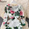 Neploe Square Collar Sexy Clavicle Exposed Dress Women Vintage Print Bohemian Pleat Vestidos Pullover Long Sleeve Robe Spring 210510