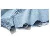 [EAM] Kvinnor Blå Denim Ruffles Cut Style Wide Ben Shorts Hög midja Lös passform Byxor Mode Vår Sommar 1S770 210611