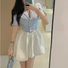 Elegancki Biuro Lady Mini Dres Summer Casual Party Patchwork Kobieta Wysoka Talia Slim Koreański Styl 210604
