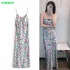 Vestido de verão mulher cetim sem encosto cinta maxi es mulheres floral impressão sexy partido sem mangas deslizamento vestidos 210430