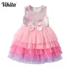 Vikita Lace Warstwowa sukienka dla dziewcząt Derb Princess Party Prom Dresses Dzieci Tutu Sukienka Dzieci Bez Rękawów Letnie Ubrania Q0716