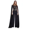 Stylish Arabic Dubai Black Jumpsuit Evening Dresses For Women 2022 Cape Sleeve Lace Appliques Hollow Out Long Pant Suit Party Prom Gowns Formal Occasion Dress