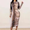 Moda Sexy Club Bodycon Pencil Dress Pink Leopard Dresses Długim Rękawem Slim Party Mid-Calf Vestidos Robe Longue 210520