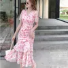 Summer Short Sleeve Wrap Mini Robe Floral Print Robes À Lacets Taille Rose Sundress Pour Les Robes De Vacances 210515