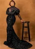 Sparkly Black Sequined Mermaid Prom Dresses African Long Sleeve Beaded Ruffles Evening Dress Plus Size Formal Party Gowns Robe de mariée
