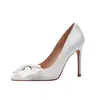 Point Toe White Bow Thin High Heel Bridal Shoes Women Size 41 To 44 Bridesmaid Wedding Shoes Female 210721