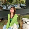 Green Hollow Knit Cardigan Women's Spring Short Camisole Short Top Long Sleeve Ribbed Suit 210805