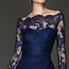 Navy Lace Mother Of The Bride Dresses Mermaid Sheer Bateau Neck Long Sleeves Wedding Guest Dress Floor Length Chiffon Evening Gowns