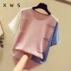 oversize women sweater pull loose casual short sleeve o neck patchwork kint thin sweater female pink top women jumper 210604