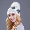 Xthree Real Mink Pom Poms Wool Kanin Fur Stickad Hatt Skullies Vinter För Kvinnor Flickor Mössor Jul Snow 211228