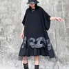 [EAM] Women Black Mesh Letter Big Size Dress Round Neck Half Sleeve Loose Fit Fashion Spring Summer 1DD6141 210512