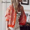 Zebra Malha Cardigan Crop Top Laranja Sweater Striped Kardigany Za Mulheres Knitwear Moda Sweter Tops Sueter Feminino Ins 210812