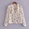 Vintage Floral Print Ruffle Collar Mulheres Blusa Mulheres Verão Estética Semi Sheer Top Mulher de Manga Longa Botão Up Streetwear 210430