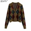 Zevity Donna Vintage Scollo a V Motivo geometrico Cardigan Maglione lavorato a maglia Donna Chic Monopetto Casual Top retrò S498 210603