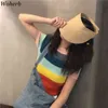 Summer Knitted Basic Solid T-shirt Women Casual Rainbow Striped Short Sleeve Tee-Shirts Female Tops Korean Chic Fashion 210519