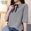 Moda damska Bluzka Słodka Kratę Krawatę Lato Pół Rękaw V Neck Slim Cienkie Damskie Topy Casual Odzież Blusas 0286 40 210508