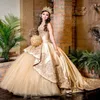 vestido de 15 anos Gold Quinceanera Dresses 2022 Renda Applique Frisado Sweet 16 Dress Sweetheart Pageant Vestidos de Baile Sweep Train292N