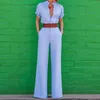 Women Jumpsuit V-neck Short Sleeve White Blue Vintage Rompers Womens Plus Size Long Summer s 210524