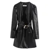 Chic Tie Belt Black leather Dress Fashion Women V-Neck Dresses Elegant Ladies Pockets Long Sleeve Mini 210531