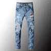 Jeans homme Bandana Paisley imprimé Patchwork Streetwear Slim Skinny Stretch Denim crayon pantalon trous déchiré pantalon 40