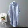 Bawełna Długa Koszule Plus Size Summer Women Bluzki Linen Cottons Casual White / Blue Ladies Topy 6793 50 210510