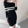 Wiosna Kobiety Sheath Dresses Dresses Slim Black Elegancki O-Neck Stretch Długi Rękaw Jesień Cienki Sexy Downing Knit Pencil Dress G1214