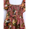 Pink Dress Woman Floral Print Midi Dresses Women Short Puff Sleeve Pleated Party Ladies Vintage Slits Sides 210430