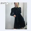 Zevity Automne Femmes Vintage Stand Col Noir Velours Chemise Robe Dames Chic À Manches Longues Noeud Papillon Ceinture Une Ligne Robe DS4568 210603