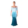 Womens Mermaid Long Maxi Dress - Off The Shoulder Triple Color Block Bodycon Dress