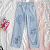 Harajuku Fashion Cotton Women Denim Jeans High Waist Curled Straight Pants Sweet Cute Puppy Embroidery Girl Trousers 210708