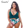 Seaselfie Plus Size High Waist Bikini Zestawy Kobiety Sexy Duże Zielone I Kwiatowe Potargane Dwa kawałki Swimsuit Suit Suit 210702