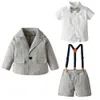 Baby Boy Ubrania Garnitur Urodziny Chrzest Odzież Zestaw Dzieci Formalne stroje Kids Toddler Białe Spodnie Koszula Bowtie Blazer 210615