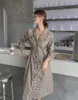 Vintage Plaid Long Tunic Dress Women Lapel Button Up Sleeve Midi Shirt Autumn Herben Style Clothes 210427