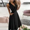 Casual Dresses 2022 Summer Vintage Dress Women Deep V Neck Sleeveless Solid Boho Beach Holiday For Pocket Sexy Plus Size283y