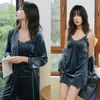 JULY'S SONG Women Winter Velvet 4 Piece Sexy Pajamas Set Dressing Gown Lace Sling Shorts Warm Robe Sleepwear Woman Pajamas 210928