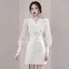 Women Suits dresses Spring single-breasted hem pleated shirt Slim long-sleeved Pure color small suit jacket ladys long turn-down collar one-piece