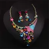 Female Jewelry Set Colorful Water Drop Crystal Leaf Gold Color Pendant Necklace Earrings Wedding Party Bridal Party Jewelry Set H1022