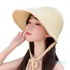 Sombrero de sol de punto de bruja coreana para mujer, gorro de pescador con protección UV de ala ancha grande tejido de lino con correa de cinta