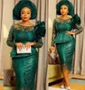 Dark Green Sexy Mother Of The Bride Dresses Sheath Jewel Neck Long Sleeves Sequined Lace Peplum Tea Length Plus Size Party Dress Evening Gowns