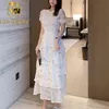 Vintage Layer Ruffles Lace Maxi Dress Runway Summer Women White Floral Embroidery Long Hollow Out Cake Party 210506