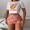 Jonge stijl vrouwen tweedelige zomer shorts sets zoete donuts pizza patroon katoenen crop top + shorts matching pak outfits 210517