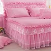 Princess 1Pc Lace Bed Skirt +2Pcs Pillowcases Bedding Bedspreads Sheet Pink Cover Set Quilted Ruffles Bedskirt Pillow Shams Bedding New